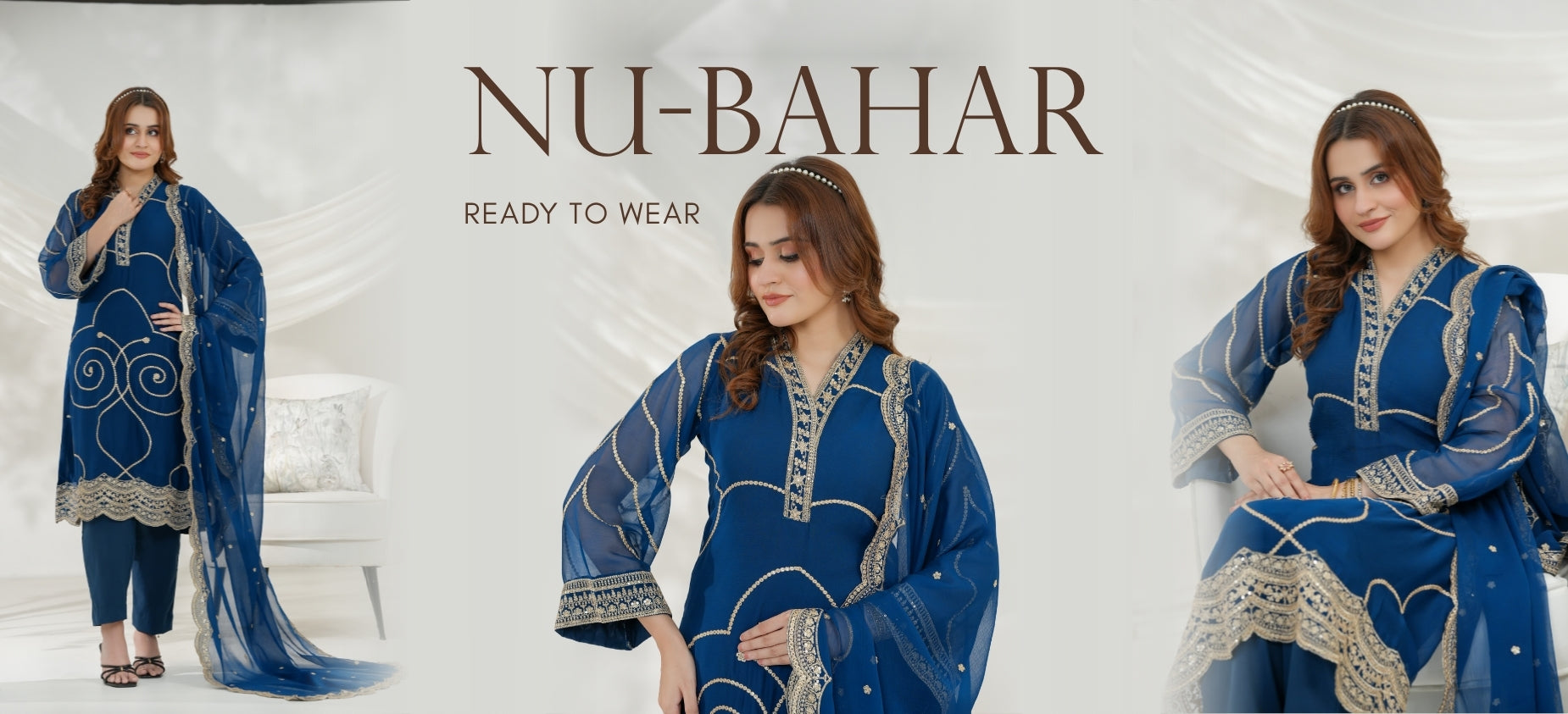 A woman wearing a traditional blue outfit with intricate designs on a white background, featuring the brand 'NU-BAHAR'.